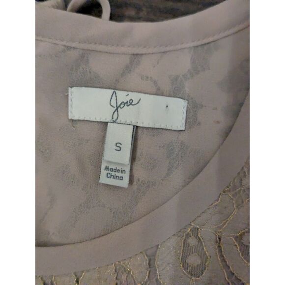 Joie Taupe Lace Overlay Top S Keyhole Tie Back Blouse Romantic Feminine - Picture 3 of 7